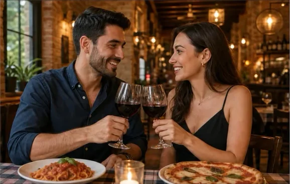 Una pareja brinda con dos copas de vino tinto en la mesa de un restaurante italiano, con un plato de pasta y una pizza recién servidos al frente.