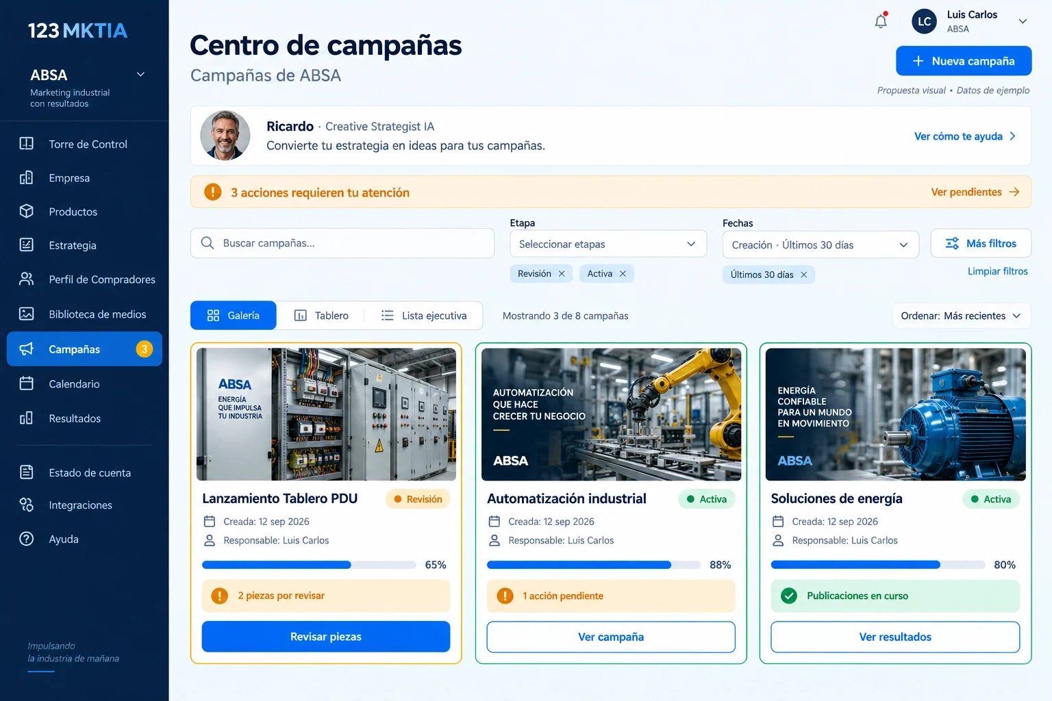 Ejemplo del Centro de campañas de 123mktia con filtros, acciones pendientes y tarjetas de campañas con su avance y siguiente acción.